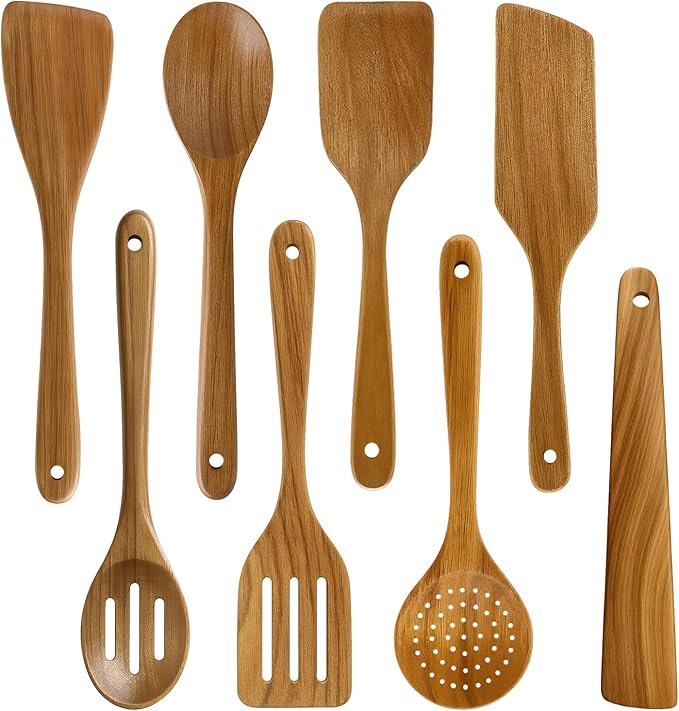 8 Pcs Best Acacia Wood Kitchen Utensil Set Wooden Spoons for Cooking Wok Turner Spatulas Bamboo Non Toxic Cooking Utensils Scraper Spurtle Kitchen Slotted Cooking Spoon Flat Egg Flipper Spatula Set