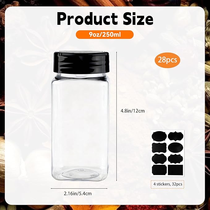 PineHaven 28 Pcs 9 oz Plastic Spice Jars with Black Cap,Square Plastic Bottle Containers with Lid and Stickers,Empty Seasoning Bottles Clear Spice Shaker for Storage Spices,Powders and Herbs
