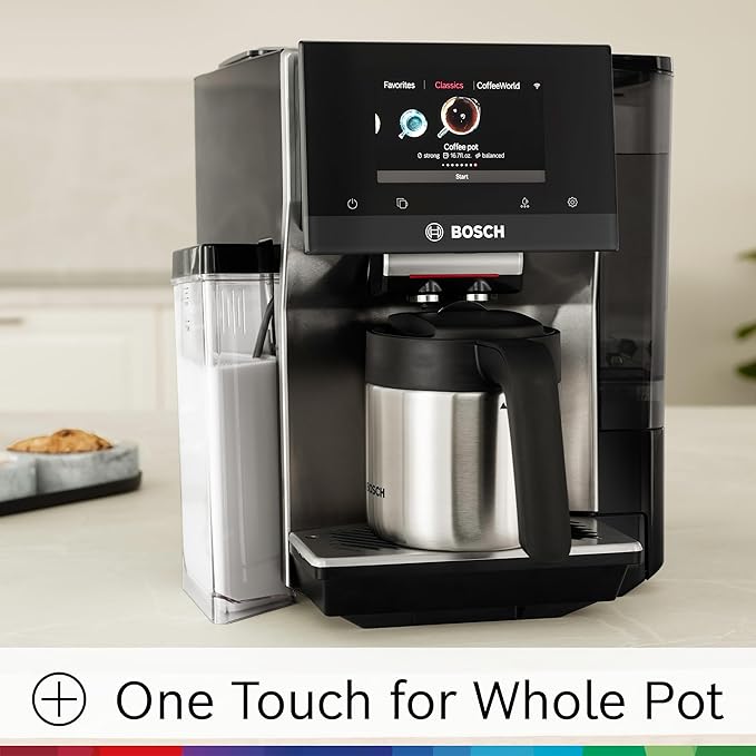 Bosch Fully Automatic Coffee and Espresso Machine - 36 Drinks, Double Cup Barista Style Super Coffee Maker - Touchscreen, Large Bean Capacity - Easy Clean, Maintenance - Stainless Steel - TQU60703
