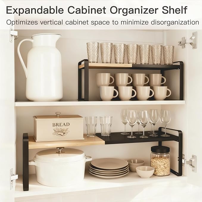 Expandable Kitchen Counter Shelf Organizer, Black Coffee Bar Accessories & Station Decor, Industrial Cabinet Riser with [Secure Interlocking Design], Heavy Duty Metal Rack for Mugs (Bamboo/Black)