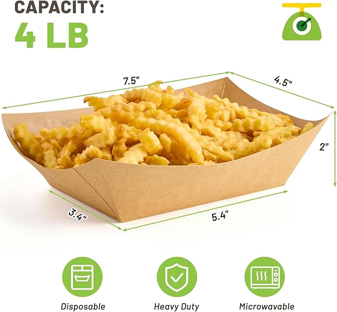 4 LB Large Paper Food Trays, 100 Pack Disposable Nacho Trays Kraft Paper Food Boats Party Serving Baskets for Nachos Sandwiches Burgers Popcorns Salads Snacks