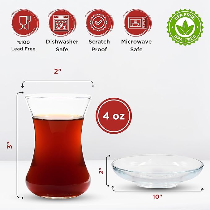 ums Turkish Tea Glass Set, Slim Waist Design and Thick Sole Prevent Tea From Getting Cold, Easy to Keep for 48 People, 48 Saucers, 48 Glasses, Useful Set (96 Pieces)