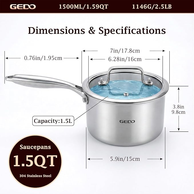 GEDO 3-Ply 304 Stainless Steel Saucepan with Lid, One-Piece Rivet-Free & Seamless Design, Angled Spout & Heat-Resistant Handle, Universal Stovetop Compatible for Indoor Cooking (6.3in / 16cm Size)