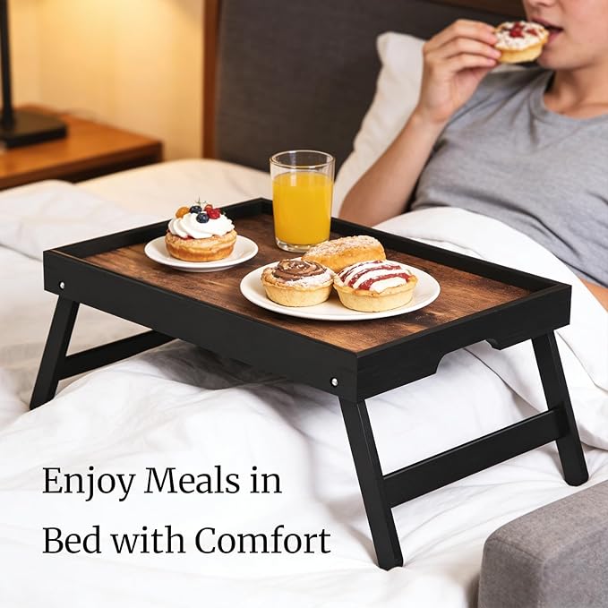 2 Pack Wooden Bed Tray Table with Folding Legs,Breakfast Trays,Serving Tray for Food and Snack,Laptop Trays for Working