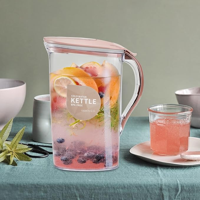 Coloch 2 Pack 2 Quart Plastic Water Pitcher with Flip Top Spout Lid, Clear Slim Water Container for Fridge Door Juice Pitcher with Scale Line for Tea, Lemonade, Handmade Drinks, Blue and Pink