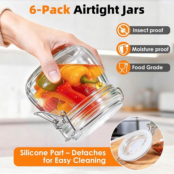 SKOCHE 17oz Glass Jars with Airtight Lids 6 Pack, Air Tight Glass Storage Jar, Leakproof 17 oz Jars with Seal Wire Clips for Pickling, Kitchen, Canning Jam, Food Storage, Preserving Nuts and Snacks