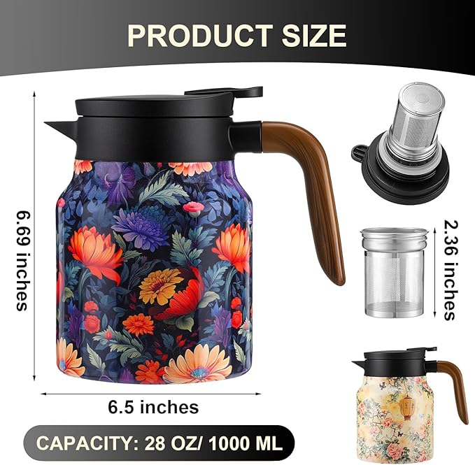 Insulated Tea Pots,Vintage Floral Pattern Tea Pot-Built-in Infuser,Colorful Vintage Floral Pattern Teas,Stainless Steel Teapot 1000mL with Lid for Hot Drinks,White(Wooden Handle,35OZ)