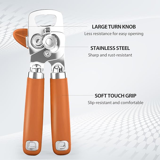 Can Opener Manual, Heavy Duty Stainless Steel Smooth Edge Can Opener With Soft Touch Handle, Oversized Handheld Easy Turn Knob, Multi-Function Bottle Opener, Orange