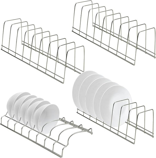 4 Pack Pot Lid Organizer for Cabinet with Plate Drying Rack, Stainless Steel Pot Lid Holder for Kitchen, Small Dish Drainer, Serving Trays Container, Counter Storage Shelf for Pans Pots Cutting Boards