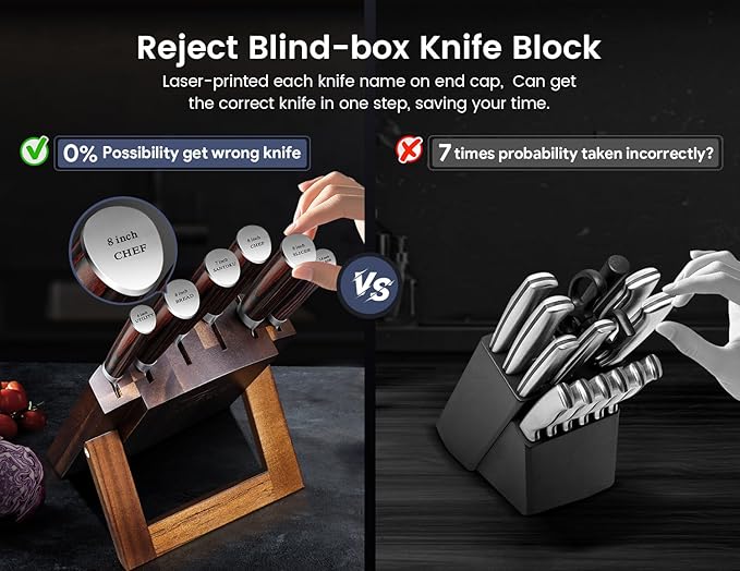 Knife Set 7 Piece Japanese Style Kitchen Knife Set With Foldable Magnetic Acacia Wood Block Sharp High Carbon Stainless Steel Knives Set for Kitchen with Anti-slip Handle, Ideal Gift