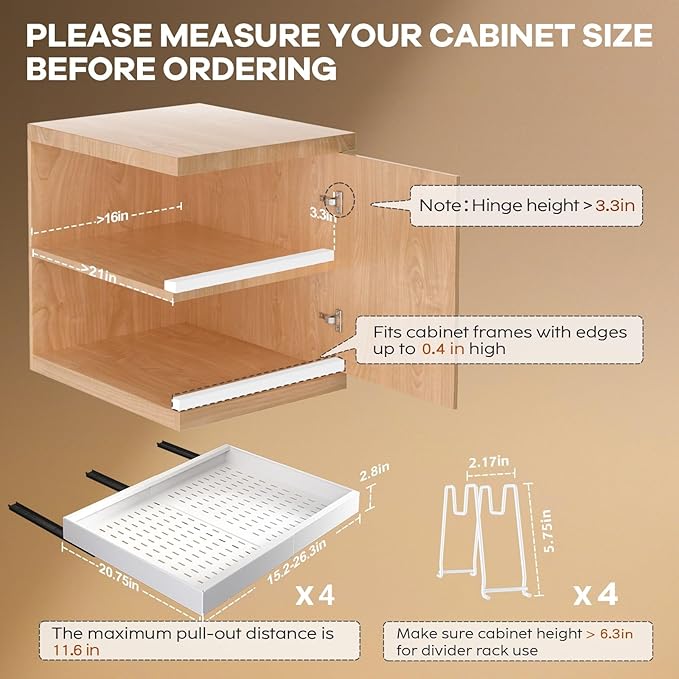 4 Pack Pull out Cabinet Organizer 21" Deep With Raising Pad for Framed Cabinets,Expandable (15.2"-26.3"W) Slide out Drawers for Kitchen Cabinets with 4pcs Divider Racks,Roll out Shelves,White
