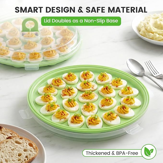 HANSGO Deviled Egg Containers with Lid, Deviled Egg Platter Carrier Holder Trays with 22 Slots for Holiday Party and Home Kitchen, Green