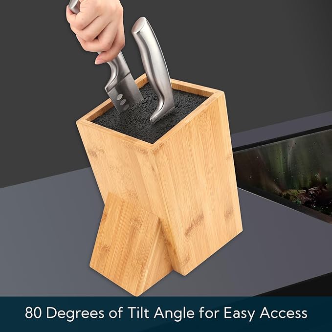 Bamboo Universal Knife Block with Bristles Bamboo Knife Stand Organizer Holder, Convenient Safe Storage for Knives & Utensils, Detachable Bristles for Easy Cleaning -by KITCHENDAO