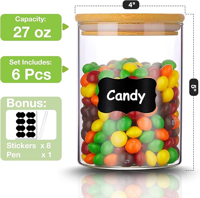 Glass Storage Jars with Airtight Bamboo Lid, 27 OZ Food Storage Jar with Labels, Airtight Glass Canisters, Clear Kitchen Container for Candy, Cookie, Rice, Coffee Beans, Snacks, Spices