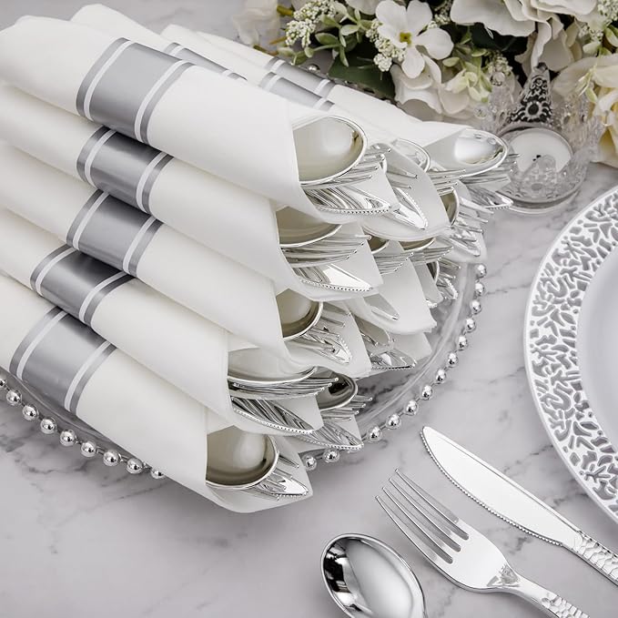 Supernal 60 Pack Pre-Rolled Silver Plastic Cutlery Heavy Duty Wrapped Silverware Disposable Premium Silver Plastic Silverware Forks and Spoons for Valentine's Day Mother's Day and Easter