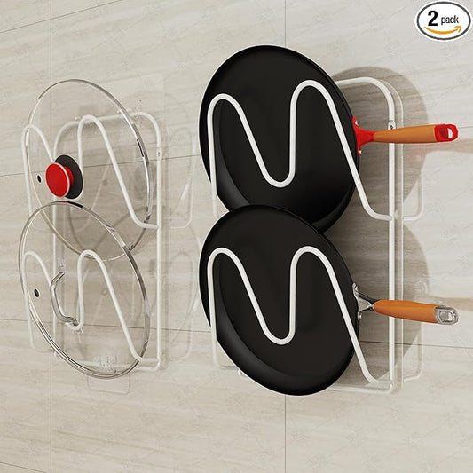 2 Pack Pot-Lid-Holder, 4-Tier Pot-Lid-Organizer for Cabinet Door/Wall, No Drilling Adhesive Wall/Door Mounted Rustproof Pot-Lid-Rackr for Kitchen Organizers