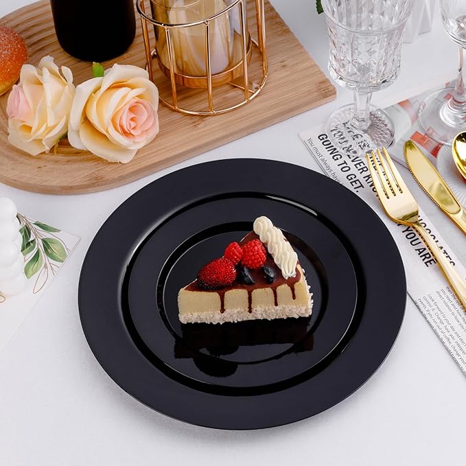 50PCS Plastic Plates for 25 Guests - 25 Dinner (10.25 inch) and 25 Dessert (7.5 inch) Black Disposable Plates for Party, Wedding and Dinner