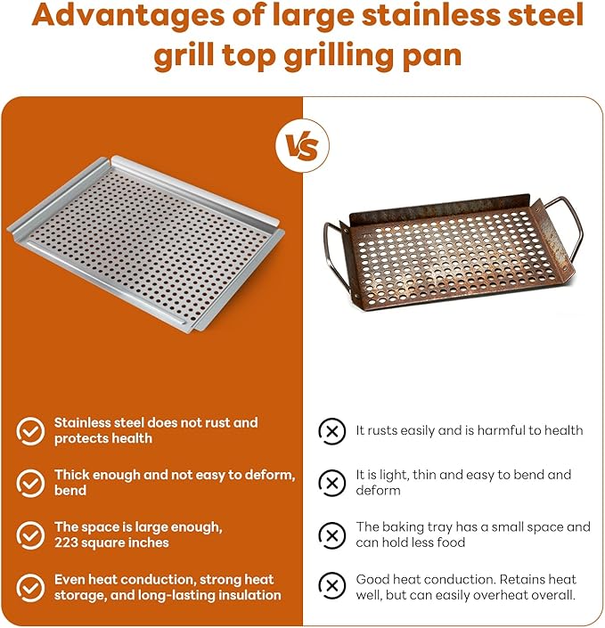 Grill pan, Grill topper for outdoor grill with hole, 17.7 * 12.6 Cooking Surface, Stainless steel grill pan for Gas Grill,camping or party (larger)
