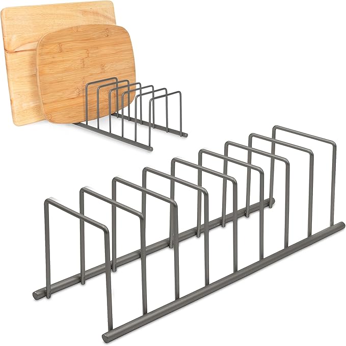 Spectrum Euro Cutting Board Holder Stand for Countertop or Inside Kitchen Cabinet Organization Industrial Gray, 8 Slot Cutting Board Drying Rack or Cabinet Plate Bakeware Storage Organizer