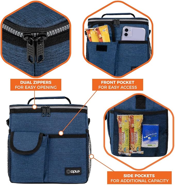 opux Insulated Lunch Bag for Men Women, Leakproof Heather Navy Lunch Box for Work, Portable Soft Lunch Cooler Bag with Shoulder Strap, Adult Lunchbox Lunch Pail for Kid Boy Girl School, 18 Can/10L