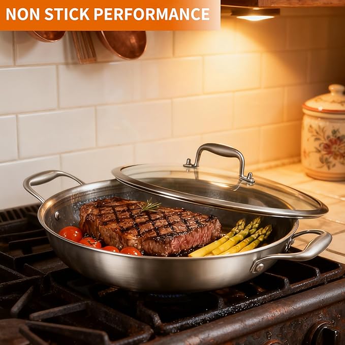 DELARLO Wok Pan With Lid 12 Inch Non stick wok,Oven Safe Up to 600℉,Woks & Stir-Fry Pans Nonstick,Tri-Ply Stainless Steel Wok, 5QT Nonstick Deep Frying Pan, Induction Saute Pan With Lid