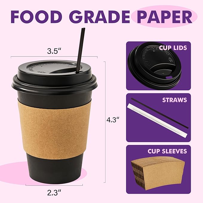 12 oz 50 Pack Black Disposable Paper Coffee Cups with Lids, Sleeves and Straws, Disposable Hot Cups for Coffee, Tea, Cocoa, Water