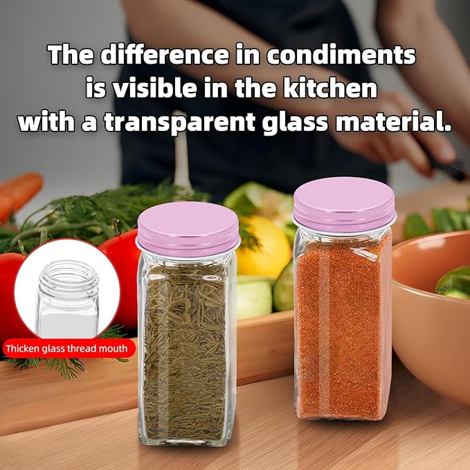 2Pcs 4oz Glass Spice Jars with Shaker Lids, Spice Jars Trial Set & Supplement Set, Empty Spice Containers and Square Spice Bottles for Kitchen (Pink iron Lids)