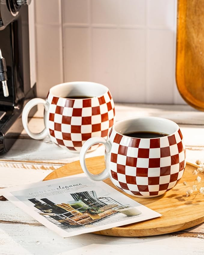 LAUCHUH Porcelain Coffee Mugs - 18 Ounce Large Mug Set of 6 Coffee Cups with Handle for Mother's Day, Tea Latte Cappuccino Milk Cocoa, Dishwasher & Microwave Safe, Brown and White