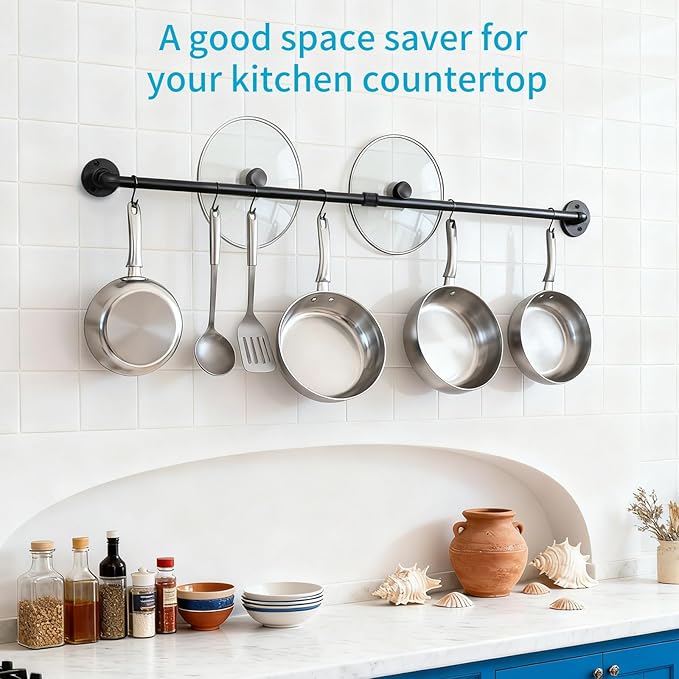 38 inch Pot Pan Rack Wall Mounted Industrial Pipe Hanging Rail Kitchen Lids Bar Utensils Hanger with 10 S Hooks Black