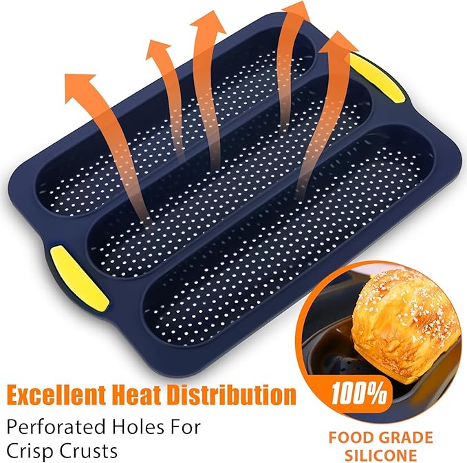 2 Pcs Silicone Baguette Bread Pan, Non-Stick Bread Loaf Pan Food Grade, 3-Cavity Perforated French Baking Mold for Homemade Bread, French Baguette, Sandwich Rolls