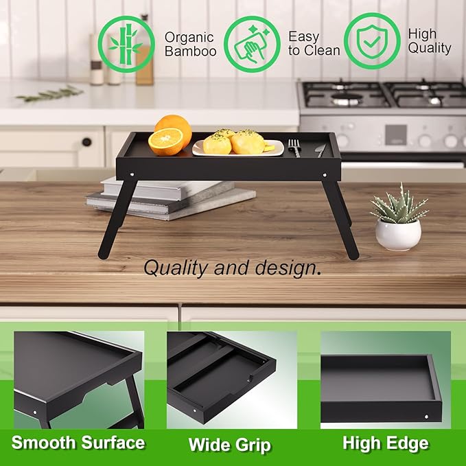 2 Pack Bamboo Bed Tray Table with Folding Legs,Breakfast Trays,Serving Tray for Food and Snack,Laptop Trays for Working(Black)