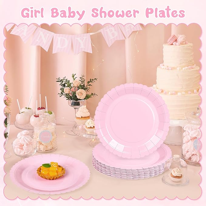30 Pcs Pink Plates, 9 Inch Pink Scalloped Dessert Plates Disposable Dinner Paper Plates Cake Party Plates for Easter Party, Baby Shower, Wedding, Bridal Shower, Birthday Party, Mother's Day