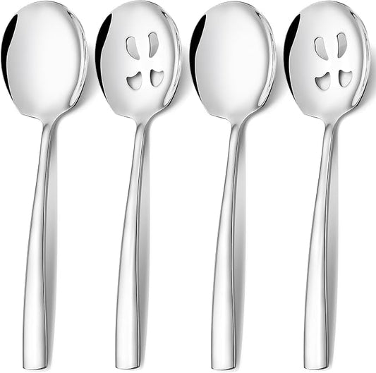 Extra Large Serving Spoons Set 11.7-Inch Serving Slotted Spoon x 2 Serving Spoon x 2, 18/8 Stainless Steel Big Serving Utensil for Buffet, Parties, Catering - Dishwasher Safe(4-Pack, Silver)