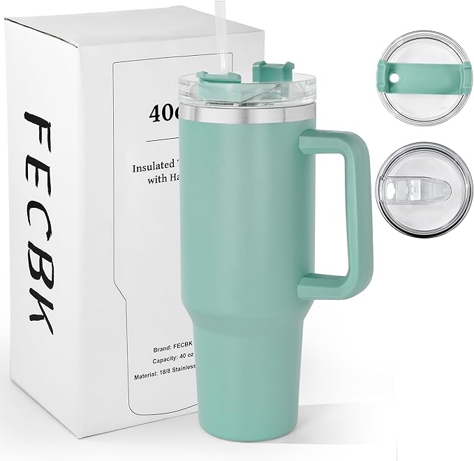 40 oz Tumbler with Handle and Straw, 100% Leak-Proof Travel Mug, Stainless Steel Double Wall Vacuum Insulated Coffee Cup Keeps Cold For 34 Hours, Dishwasher Safe, Teal