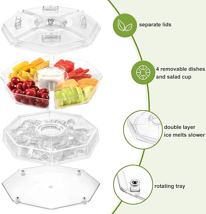 IVYHOME Ice Serving Lazy Susan, Chilled Food Containers with 4 Removable Dishes and Smooth Rotating Tray, Condiment Server with Separate Lids, for Bar Accessories, Fruit, Salad, Taco, Party Garnish