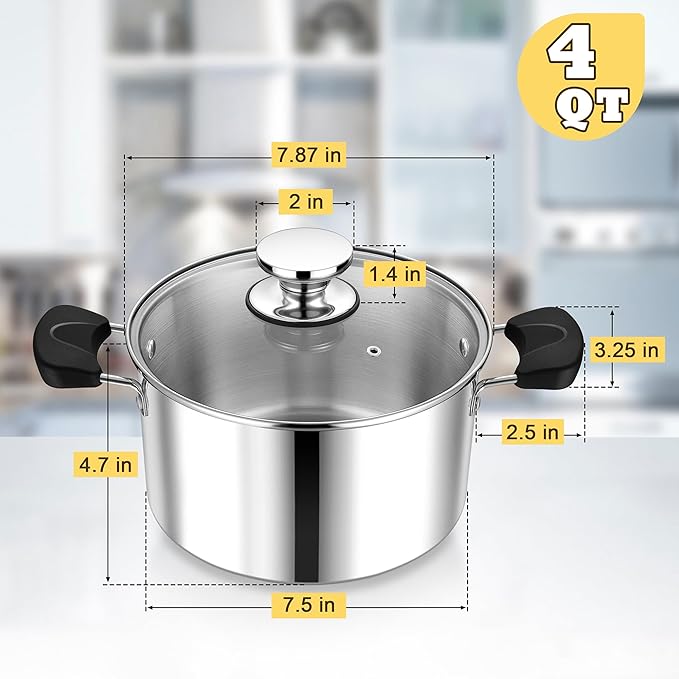 4 Quart 3-Ply Cooking Stock Pot with Lid, P&P CHEF Stainless Steel Large Pot for Pasta Soup, Work on Multi Stove, Heavy Duty & Dishwasher Safe, Dual Heat-resistant Handles & Transparent Glass Lid