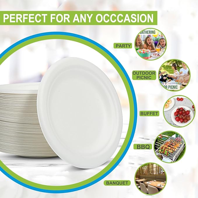 Disposable Large White Paper Plates 9 Inch - 100 Counts Heavy Duty Natural Bagasse Plates, Compostable & Oil-Proof, Microwave Safe for Family Christmas Dinner, Kids Pizza Nights & Fried Chicken Meals