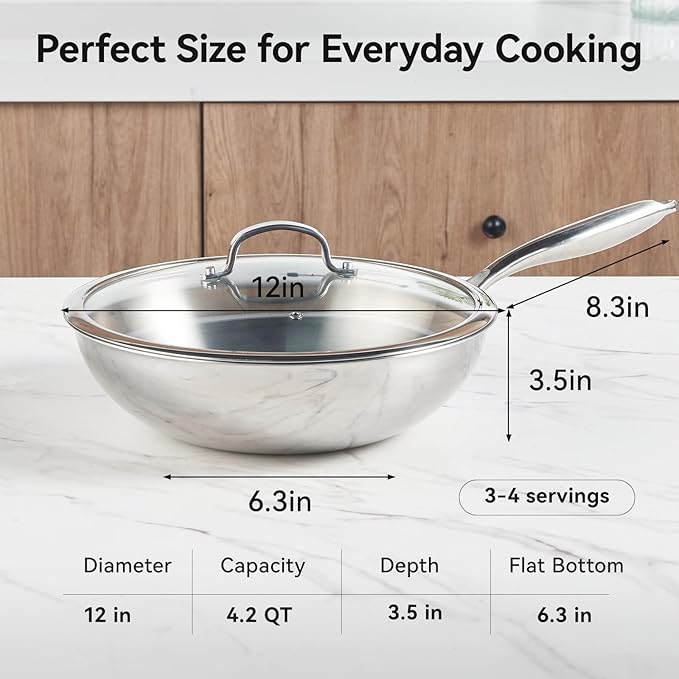 WANGYUANJI 12" Stainless Steel Wok Pan with Lid for 3-4 Servings, 4.2 QT Tri-Ply Flat Bottom Stir Fry Pan for Asian Cuisine, 18/10 (304) Induction Wok, Oven Safe