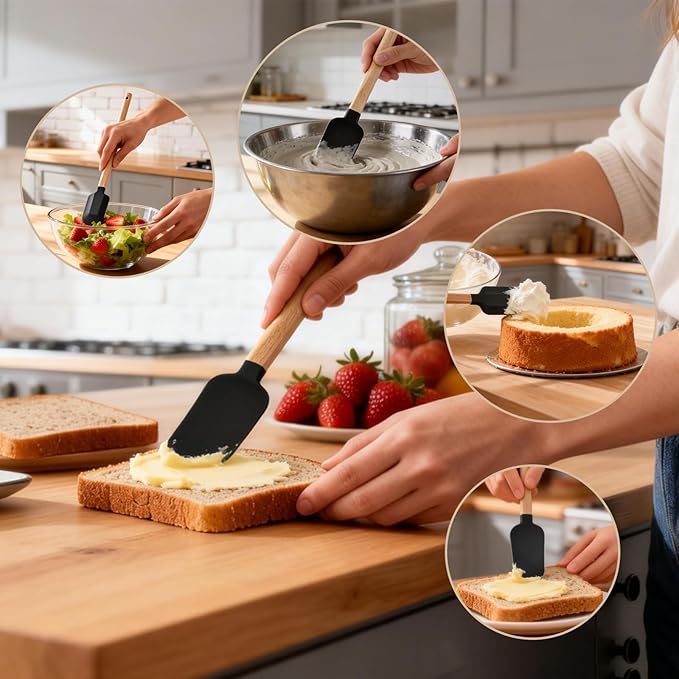 Silicone Spatula Set 5PCS Non-Stick,Ergonomic Wooden Handle, 600°F Heat Resistant - Food Grade Tools for Baking, Mixing, Frosting,Kitchen Cooking