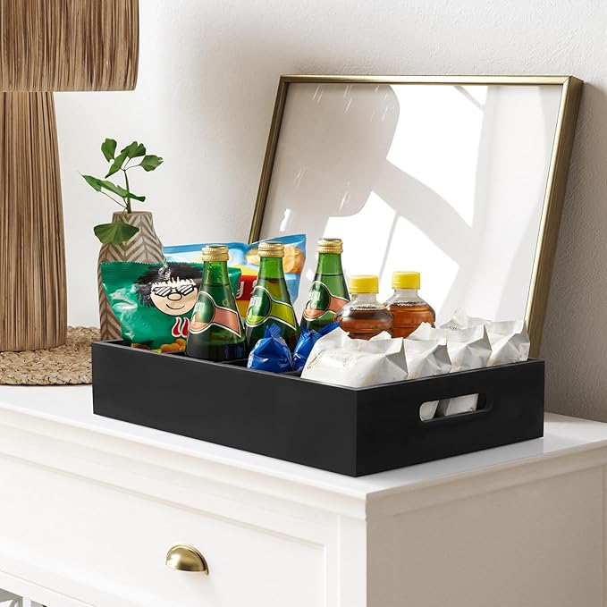 DRASTAR Pantry Organization and Storage Bins, Seasoning Packet Organizer with Removable Dividers,Wooden Storage Caddy for Kitchen, Pantry, Cabinet, Countertop (Black, Large)
