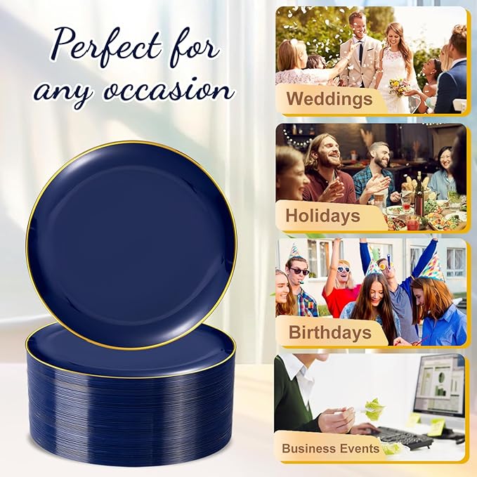 Festiva 200Pcs Navy Blue Gold Dessert Plates 6.3" with Plastic Forks 5"- Small Disposable Plates- Dessert/Cake/Appetizer Plastic Plates include 100Plates 100Forks for Birthday Party & Ramadan