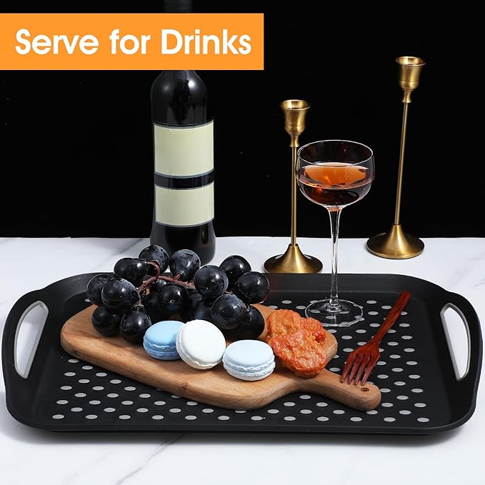 2Pcs Large Nonslip Serving Tray with Handles, Silicone Grippy Dots Lap Trays for Eating on Couch, Serving Trays for Snack Fruit Dessert Breakfast Drink, Dishwasher Rectangular