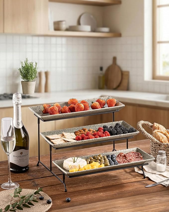 LAUCHUH 3 Tier Serving Trays for Party, 14 inch Dessert Party Display Stand Serving Platters and Trays with Collapsible Sturdier Rack for Mother's Day Serving Food, Speckled Gray