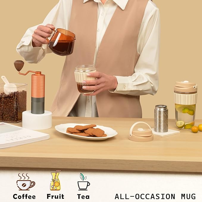 Leak-proof Glass Coffee Mug with Lockable Lid, 17oz Reusable Coffee Cup with Stainless Steel Filter, Travel Tea and Fruit Infuser with Handle, BPA-free Dishwasher Safe (Milk Chocolate)