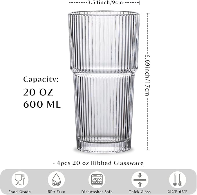 INSETLAN 20oz Ribbed Glass Tumbler Set of 4 – Large Capacity Drinking Glasses for Iced Coffee, Water, Juice, and Cocktails – Elegant Modern Glassware for Everyday Use and Special Occasions