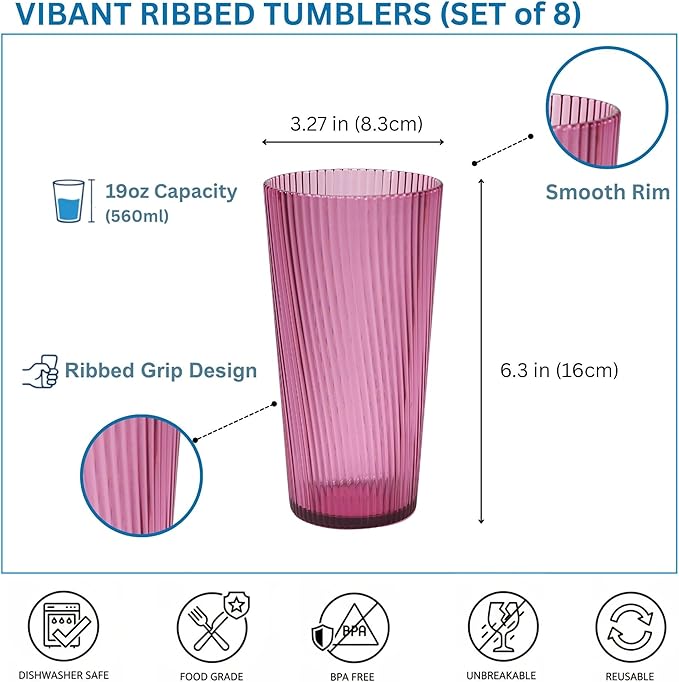 Plastic Drinking Glasses Set of 8, 19oz Unbreakable Kitchen Cups for Kids Dishwasher Safe Reusable Cups BPA Free Stackable Acrylic Tumbler for Kitchen, Bar, Holiday, Party, Dinner