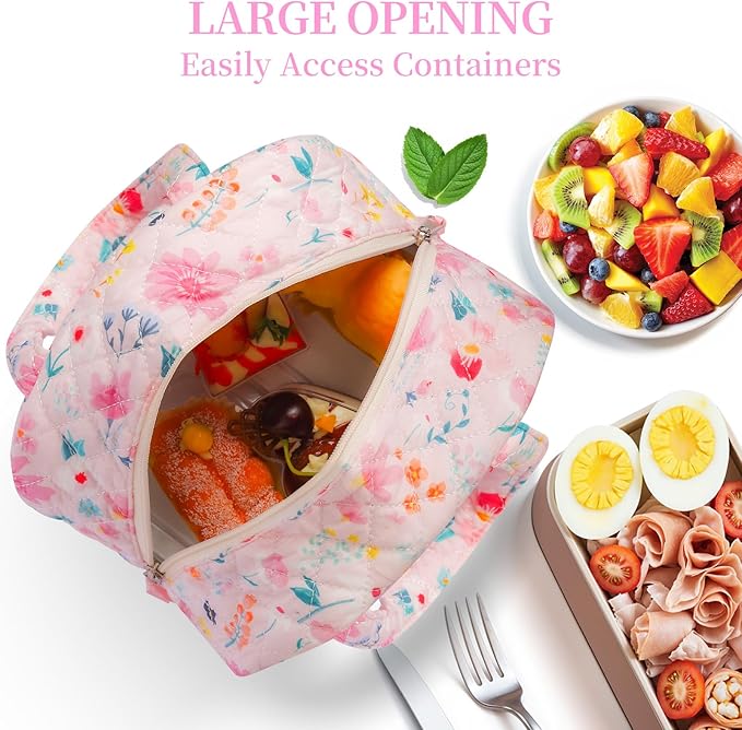 Quilted Lunch Box for Women,Coquette Aesthetic Lunch Box for Teen Girls,Cute Floral Lunch Bags for Work, School,Office,Picnic,Travel (Watercolor floral)
