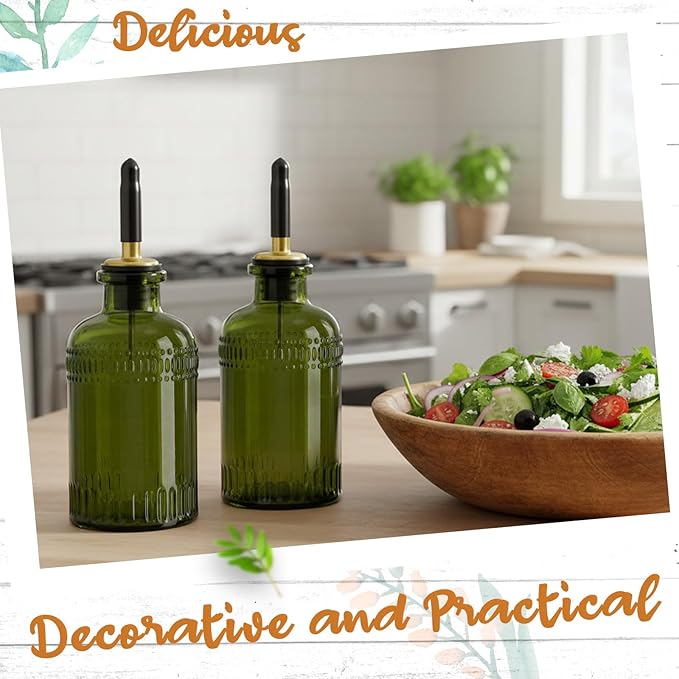 3 Pack Olive Oil Dispenser 7oz, Olive Green Glass Bottle with Metal Spout and Lid, Vinegar Cruet Kitchen Small Oil for Cooking, Salad, Baking (Elegant)