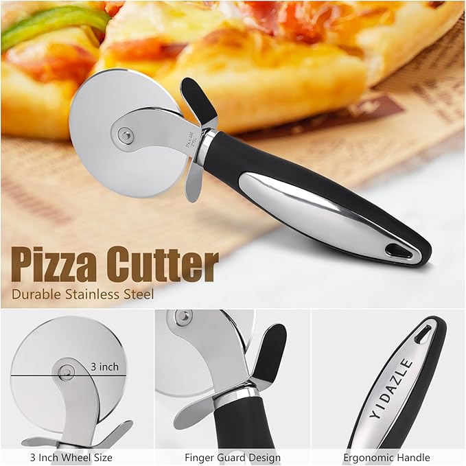 Pizza Pan for Oven (2 PACK), Pizza Baking Trays with Pizza Cutter, Non-Stick Pizza Baking Pan with Perforated Holes and Silicone Handle, Oven & Dishwasher Safe Carbon Steel
