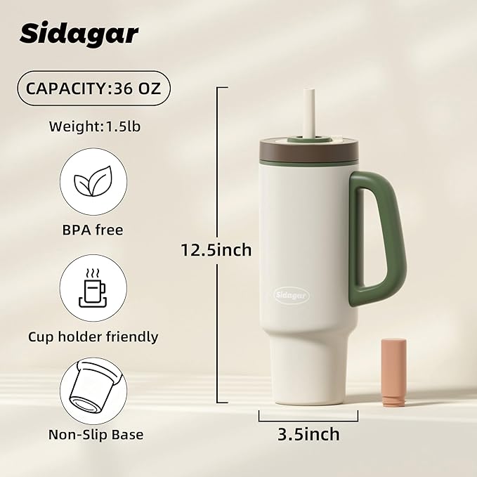 Tumbler with Handle,36 oz Ceramic Lined Travel Mug Water Bottle with Straw,Vacuum Insulated Stainless Steel Cup with Lid,Fits Cup Holder, Leak Resistant Press-in Lid,White